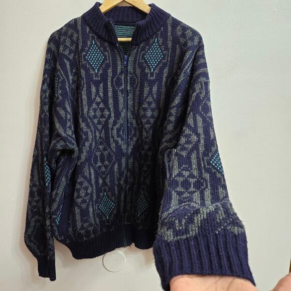 Vintage Grandpa Cardigan Sweater Zip Cosby Wool Blend Itailian Geometric XL - Picture 2 of 11